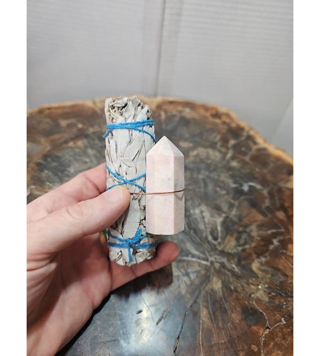 Sage wrapped crystal W/ Pink Opal Quartz Healing Tower