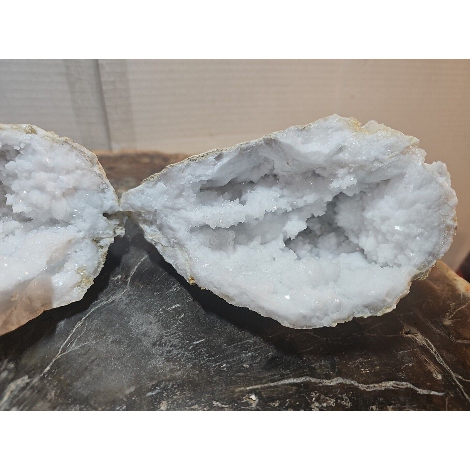 3.88lbs Large Pair Geode Crystal Moroccan Quartz W /Stand