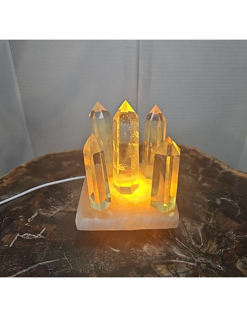 Load image into Gallery viewer, 1.34LB 5Pcs Yellow Smelt Quartz Crystal Point W/Selenite Charging Base &amp; Led
