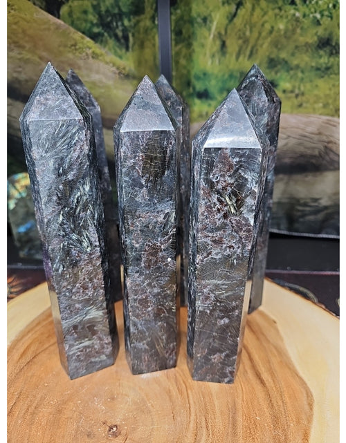 Load image into Gallery viewer, 1ea Arfvedsonite Garnet Blue Flashes Crystal Point Tower Polished 1.5- 1.90lbs
