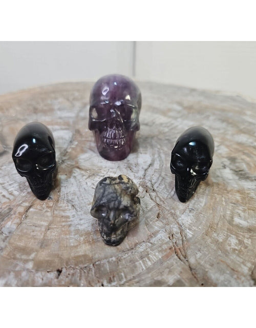 Load image into Gallery viewer, Natural Skull Lot of 5 Skulls: Spider Web Jaspers Fluorite Labrodite, Obsidian
