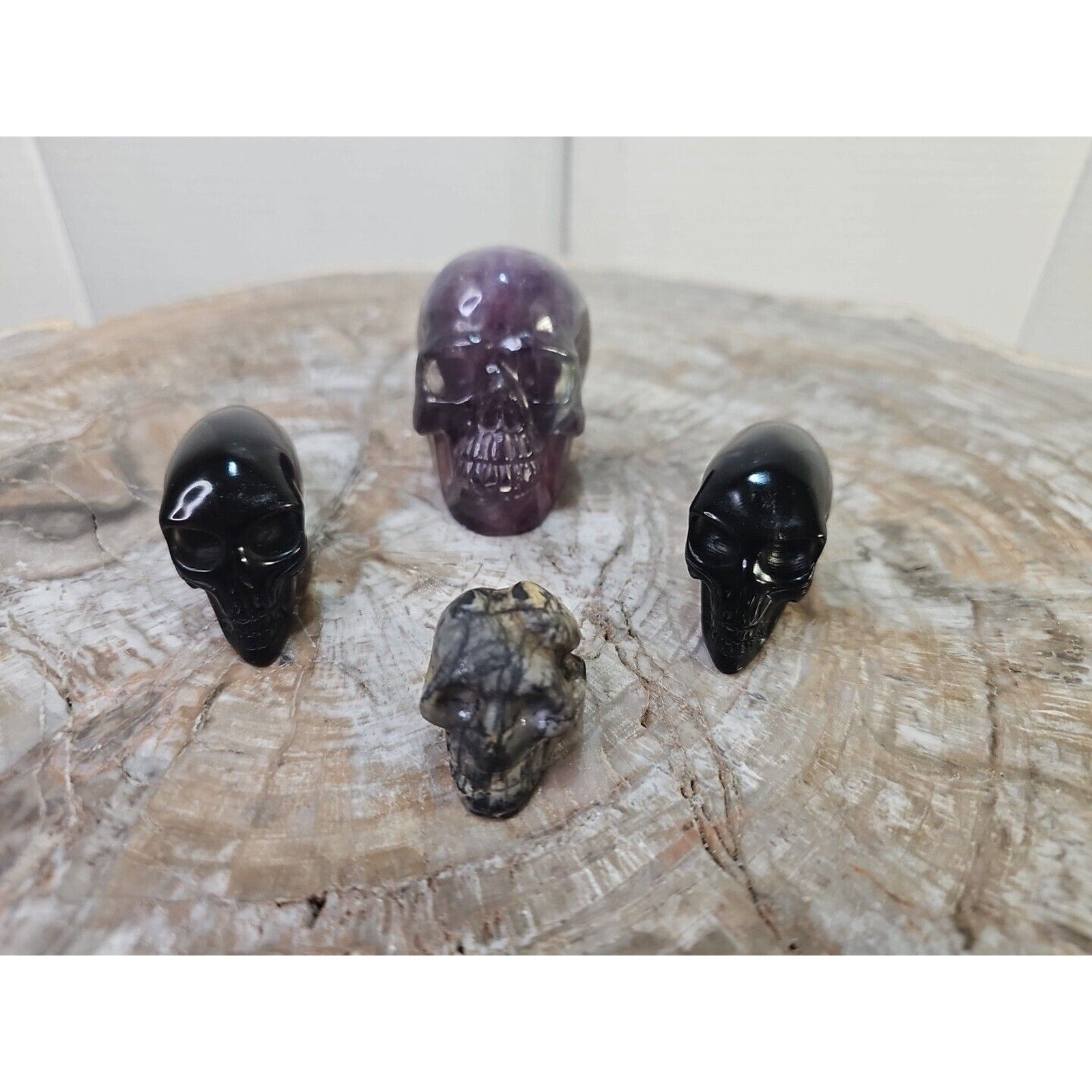 Natural Skull Lot of 5 Skulls: Spider Web Jaspers Fluorite Labrodite, Obsidian