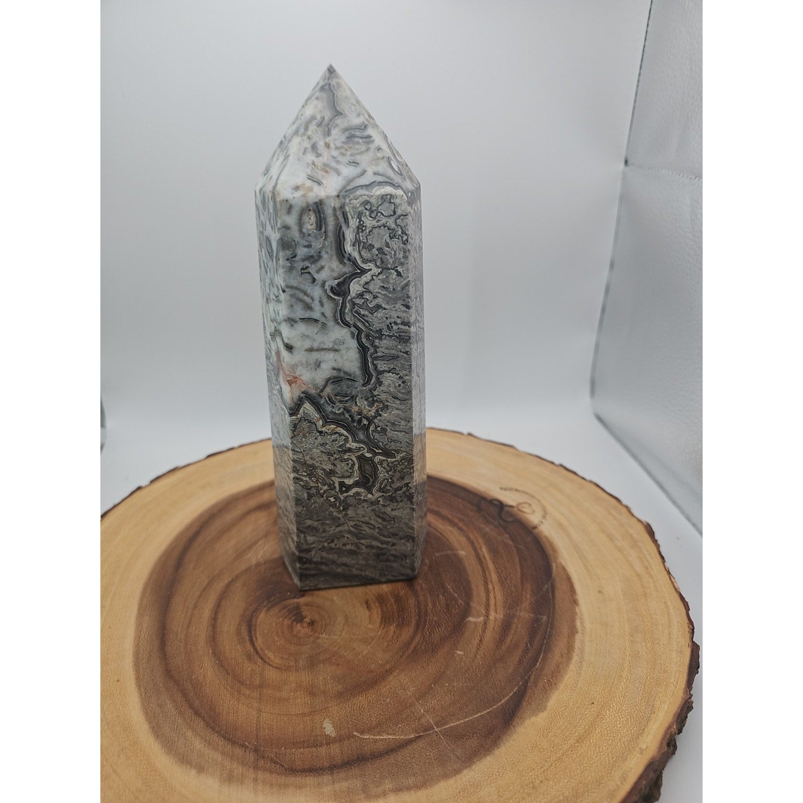 3.69LB 1Pcs Natural Gray Crazy Lace Jasper Crystal Point Tower Healing