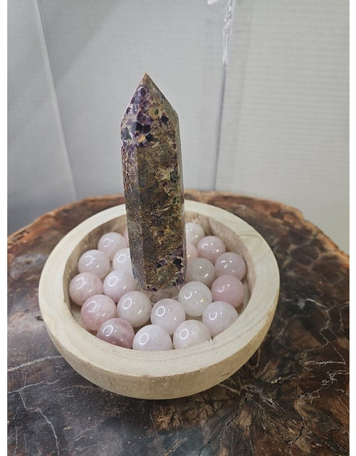 Load image into Gallery viewer, 1.90LB 1Pcs Natural Purple Tower &amp; 22 Rose Quartz Crystal Spheres W/wood Bowl

