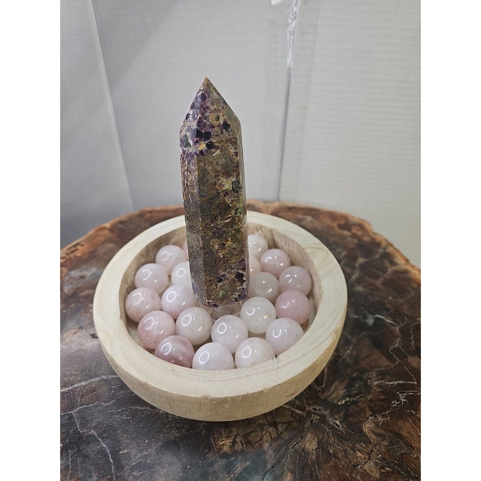 1.90LB 1Pcs Natural Purple Tower & 22 Rose Quartz Crystal Spheres W/wood Bowl