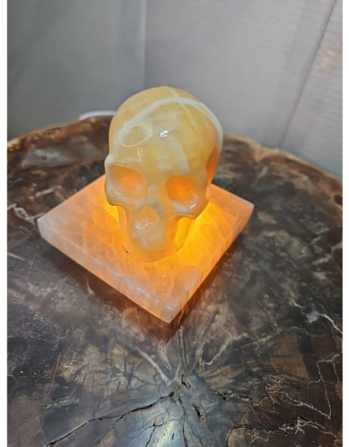 Load image into Gallery viewer, 2.17LB 2Pcs Natural Translucent Calcite Crystal Skull W/satin Spar Base &amp; Led
