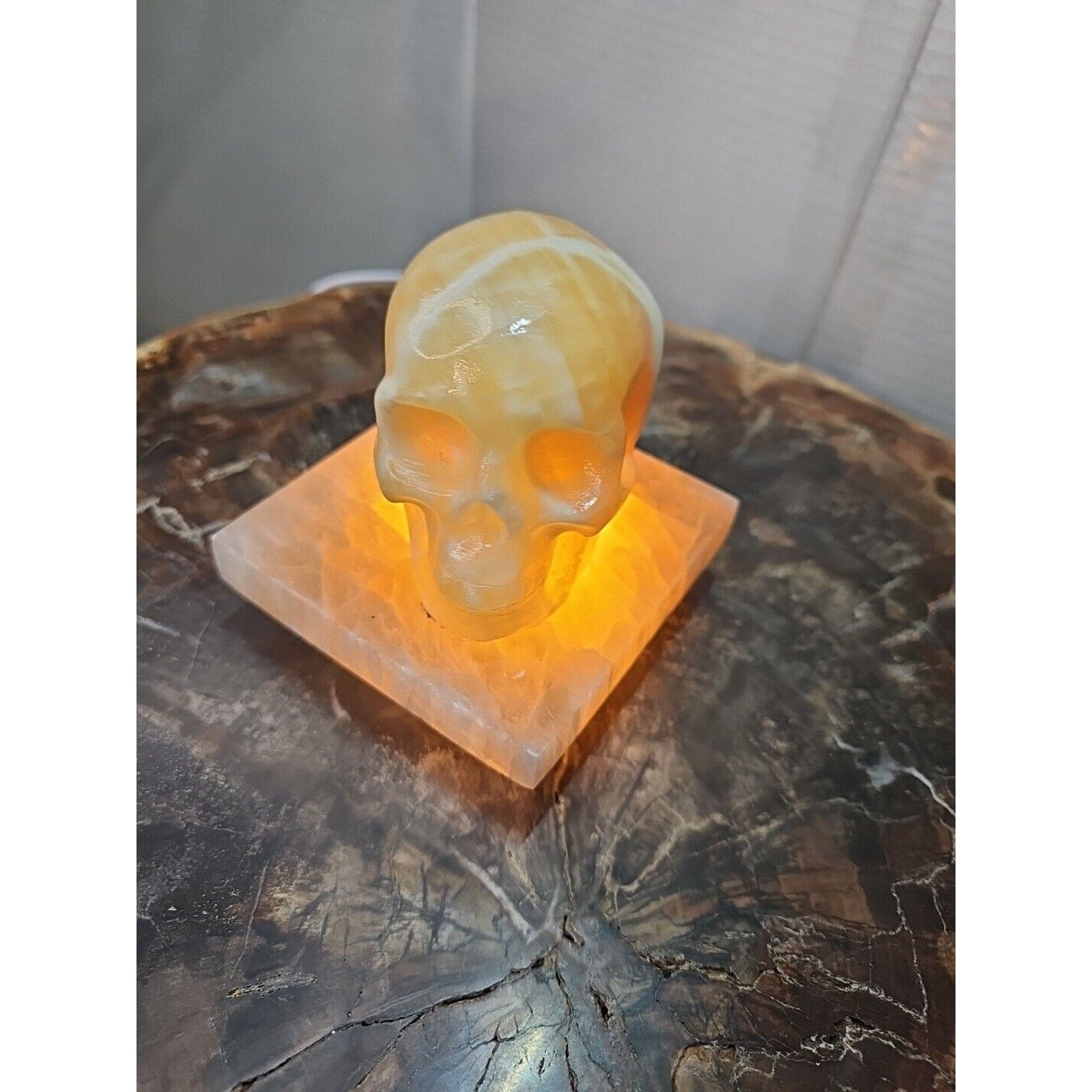 2.17LB 2Pcs Natural Translucent Calcite Crystal Skull W/satin Spar Base & Led