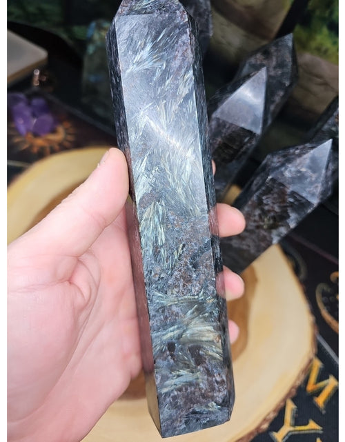 Load image into Gallery viewer, 1ea Arfvedsonite Garnet Blue Flashes Crystal Point Tower Polished 1.5- 1.90lbs
