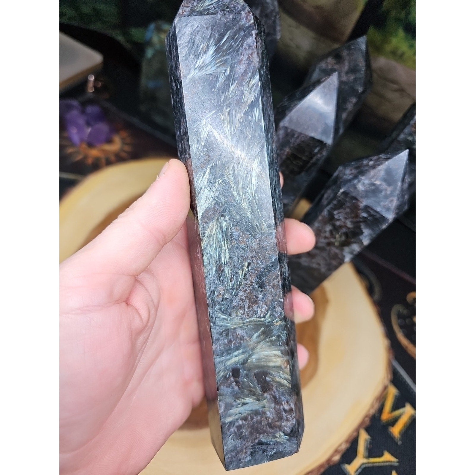 1ea Arfvedsonite Garnet Blue Flashes Crystal Point Tower Polished 1.5- 1.90lbs