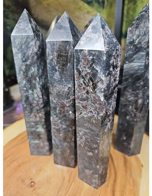 Load image into Gallery viewer, 1ea Arfvedsonite Garnet Blue Flashes Crystal Point Tower Polished 1.5- 1.90lbs
