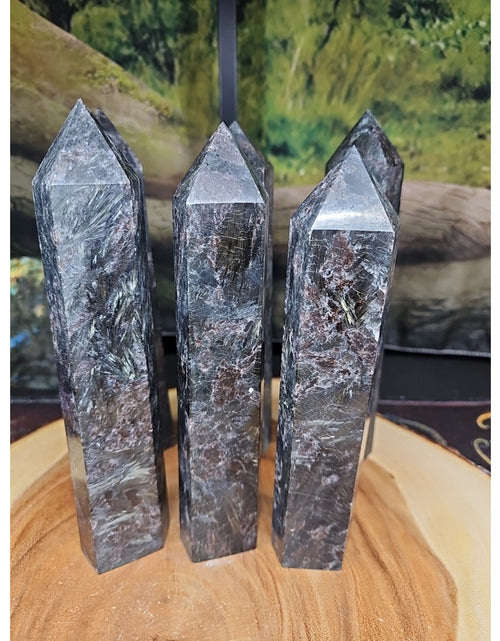 Load image into Gallery viewer, 1ea Arfvedsonite Garnet Blue Flashes Crystal Point Tower Polished 1.5- 1.90lbs
