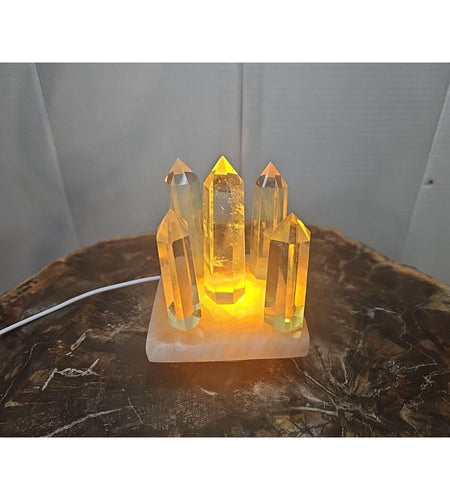 1.34LB 5Pcs Yellow Smelt Quartz Crystal Point W/Selenite Charging Base & Led