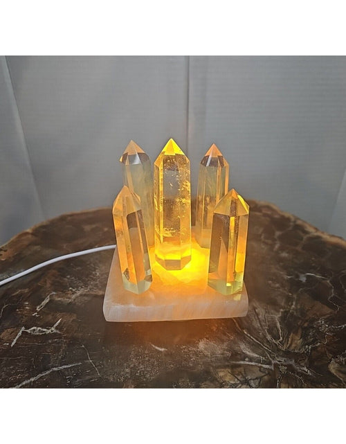 Load image into Gallery viewer, 1.34LB 5Pcs Yellow Smelt Quartz Crystal Point W/Selenite Charging Base &amp; Led
