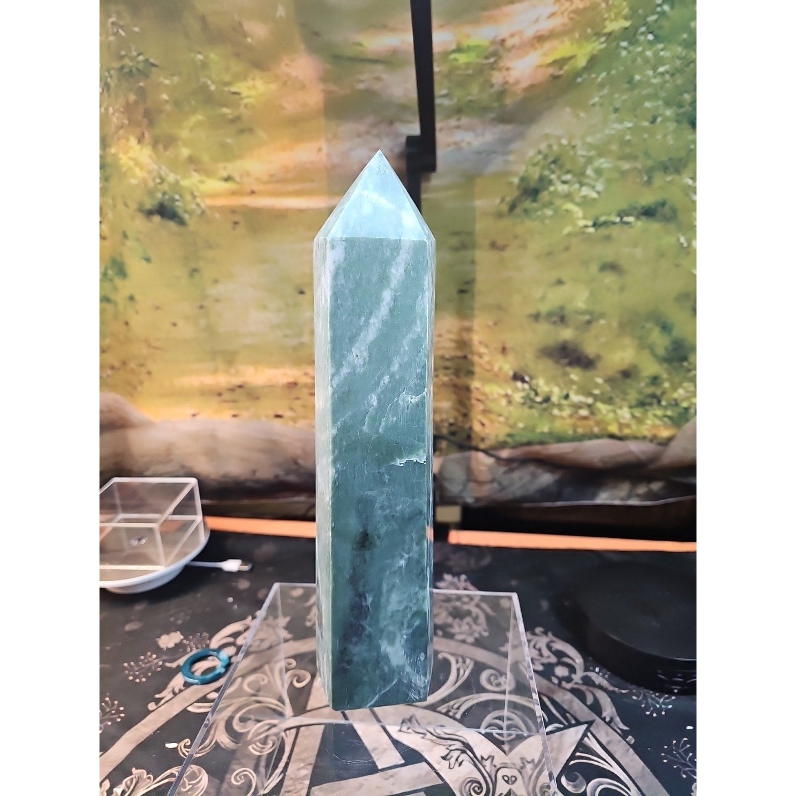 5.04lbs 11.5in Tall Green Jasper Crystal Point Tower Healing