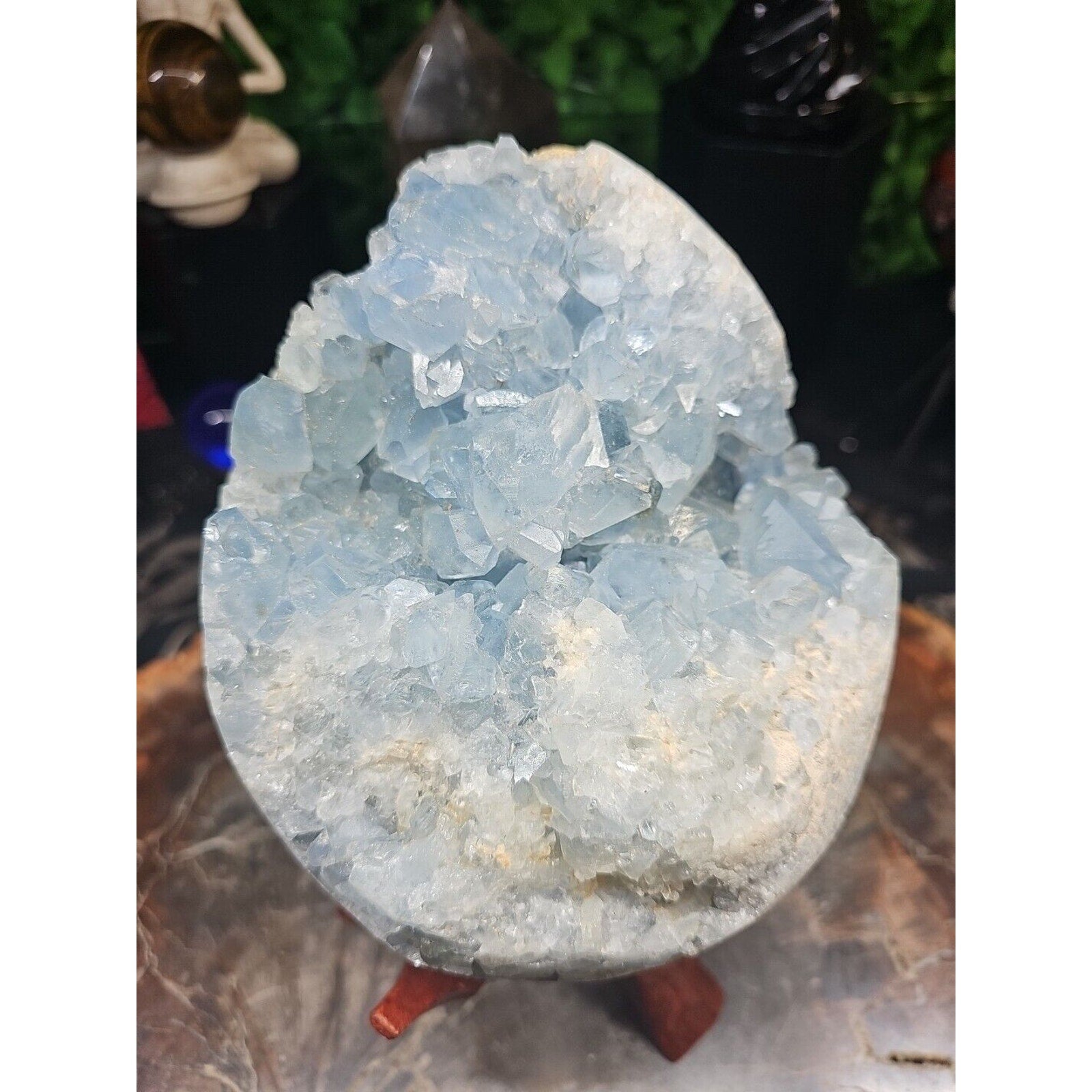 10.45LB Natural Beautiful Blue Celestite Crystal Geode W/ Stand