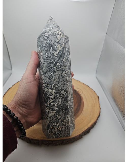 Load image into Gallery viewer, 3.91LB 1Pcs Natural Gray Crazy Lace Jasper Crystal Point Tower Healing

