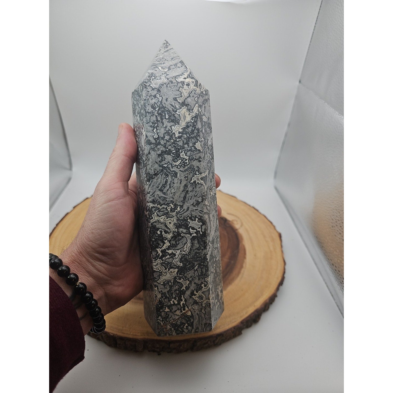 3.91LB 1Pcs Natural Gray Crazy Lace Jasper Crystal Point Tower Healing