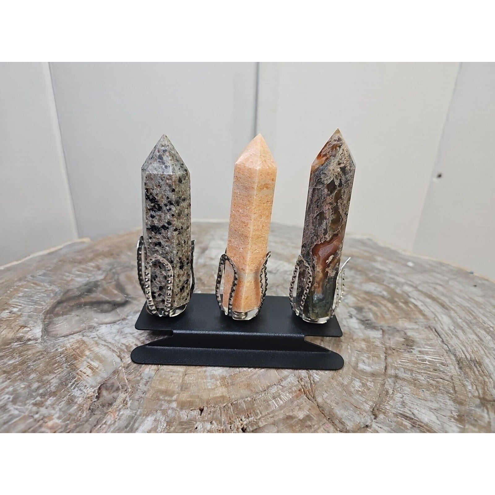 313g 3Pcs A Set Of Natural Quartz Crystal Jasper Point Tower Polished W/STAND