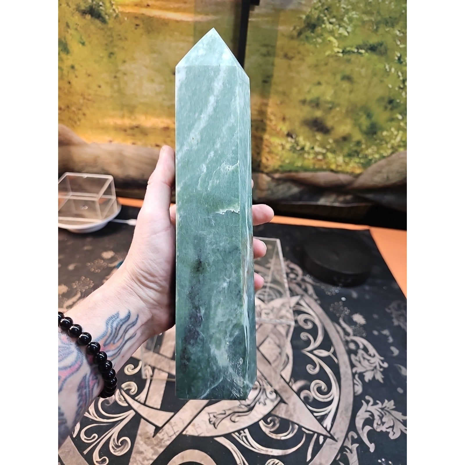 5.04lbs 11.5in Tall Green Jasper Crystal Point Tower Healing