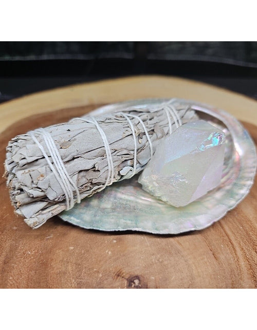 Load image into Gallery viewer, Large Abalone Shell 5-6&quot;: Smudging Sage Sticks Display Sea Shell W/Quartz Point
