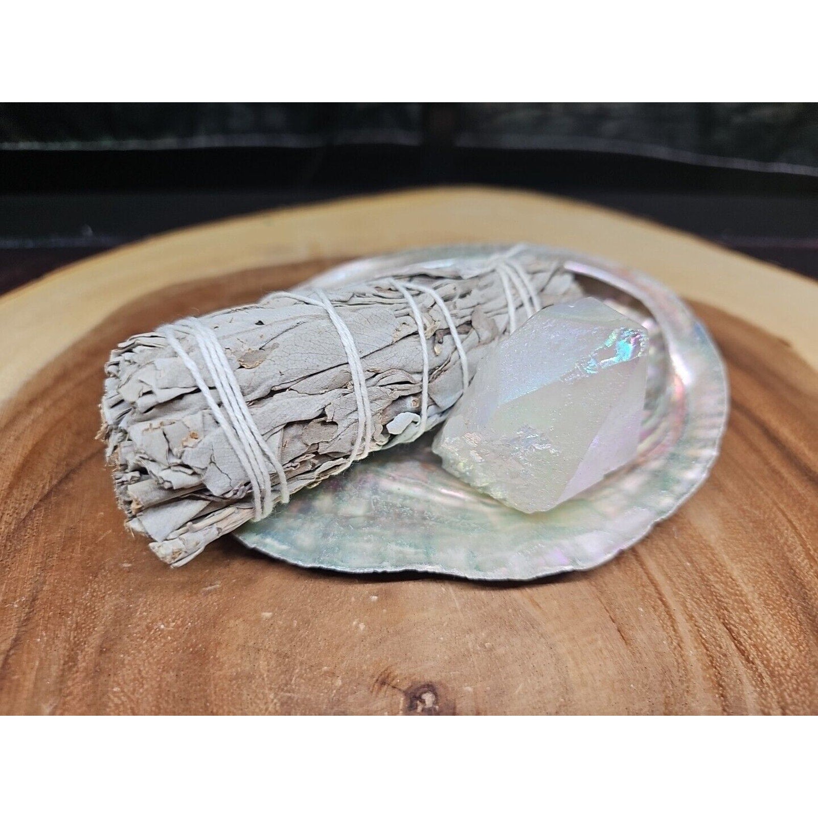 Large Abalone Shell 5-6": Smudging Sage Sticks Display Sea Shell W/Quartz Point