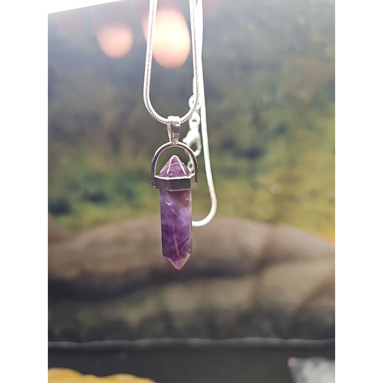 Amethyst Crystal Necklace 16in Silver Chain