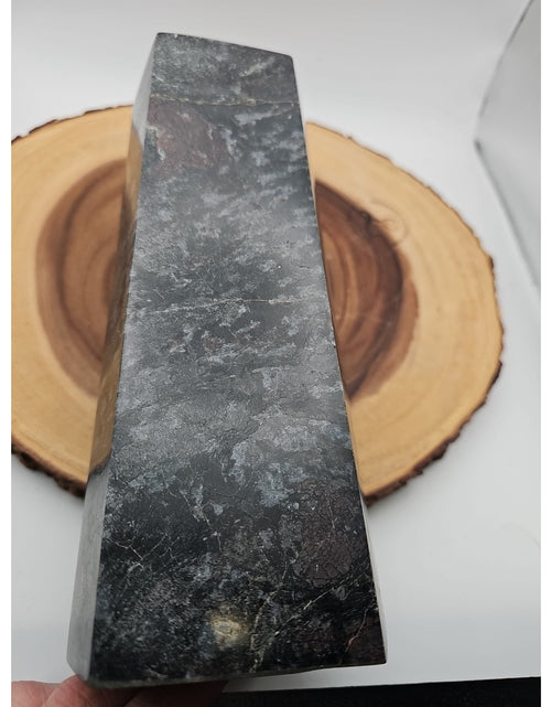 Load image into Gallery viewer, 8.23lb Arfvedsonite Garnet Blue Flashes Crystal Point Tower Polished
