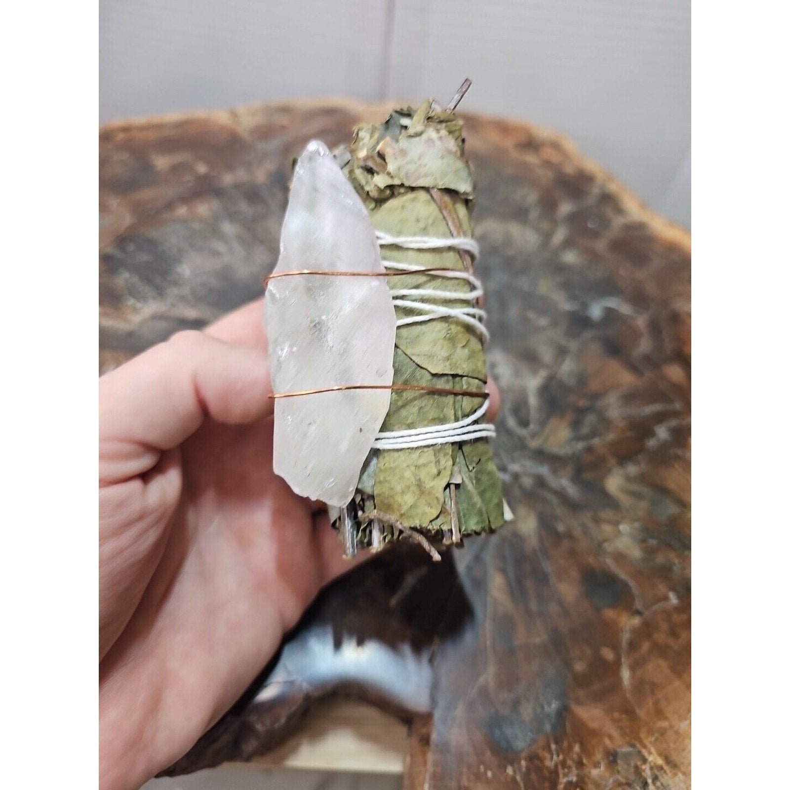 Bay Leaf wrapped crystal W/ Huge White Quartz Healing