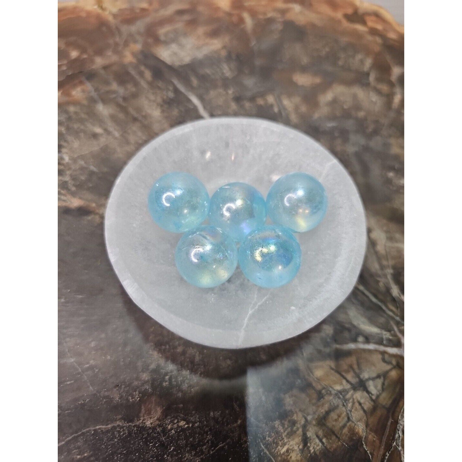 5Pcs 224g Blue Rainbow Aqua Aura Quartz Crystal Sphere Balls with Selenite Bowl