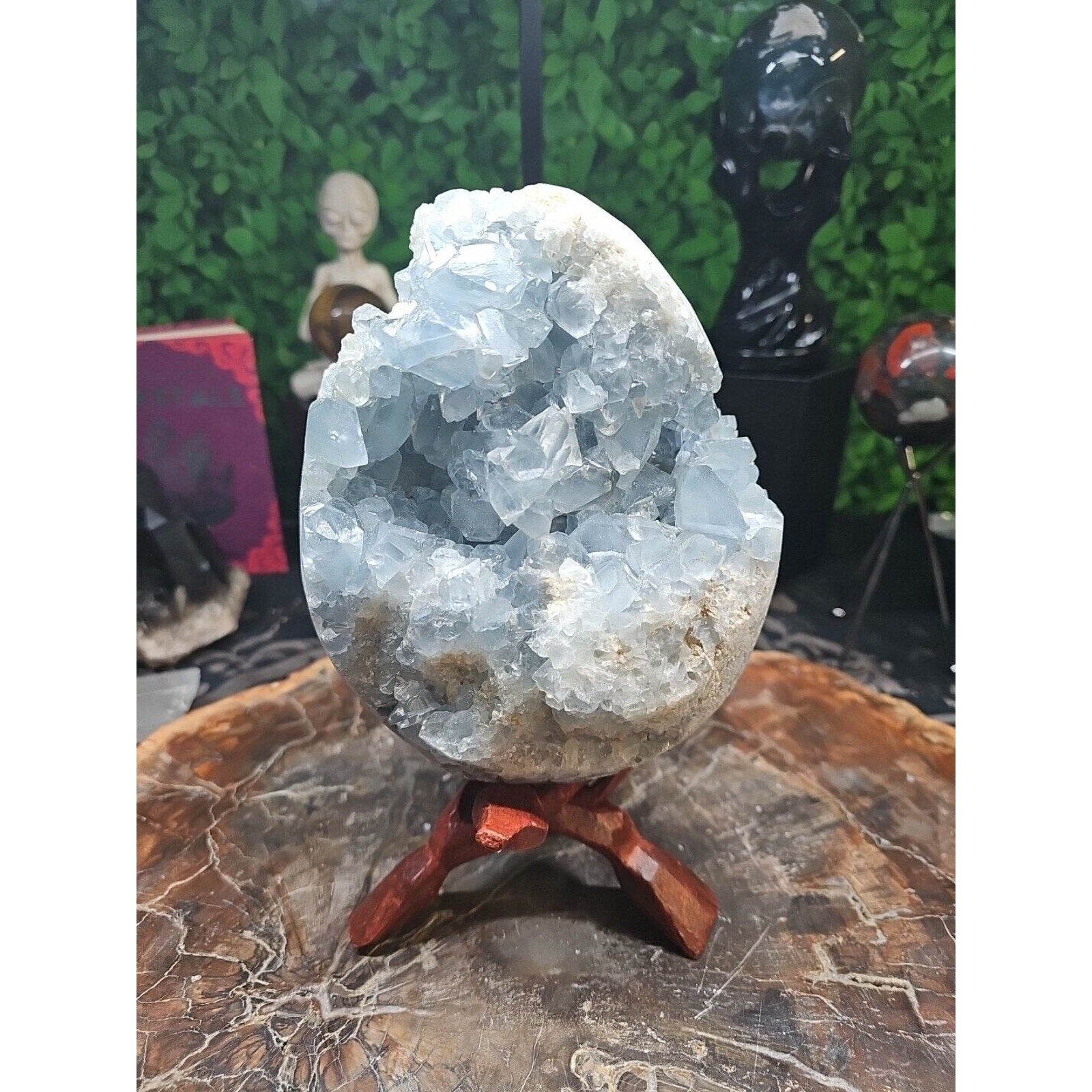 10.45LB Natural Beautiful Blue Celestite Crystal Geode W/ Stand