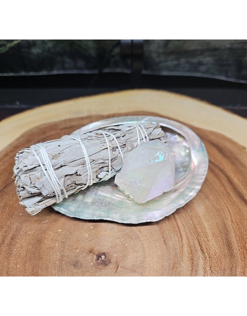Load image into Gallery viewer, Large Abalone Shell 5-6&quot;: Smudging Sage Sticks Display Sea Shell W/Quartz Point
