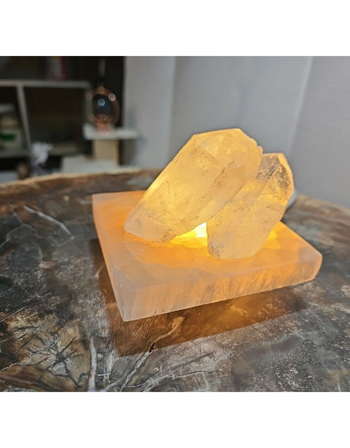 Load image into Gallery viewer, 1.24lb Satin spar recharging plate W/ 3pcs Huge Quartz Crystals &amp; Led Light
