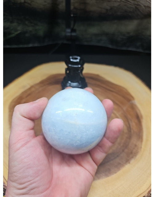 Load image into Gallery viewer, 1.29lbs Baby Blue Celestite Quartz Crystal Sphere W/Stand 74mm
