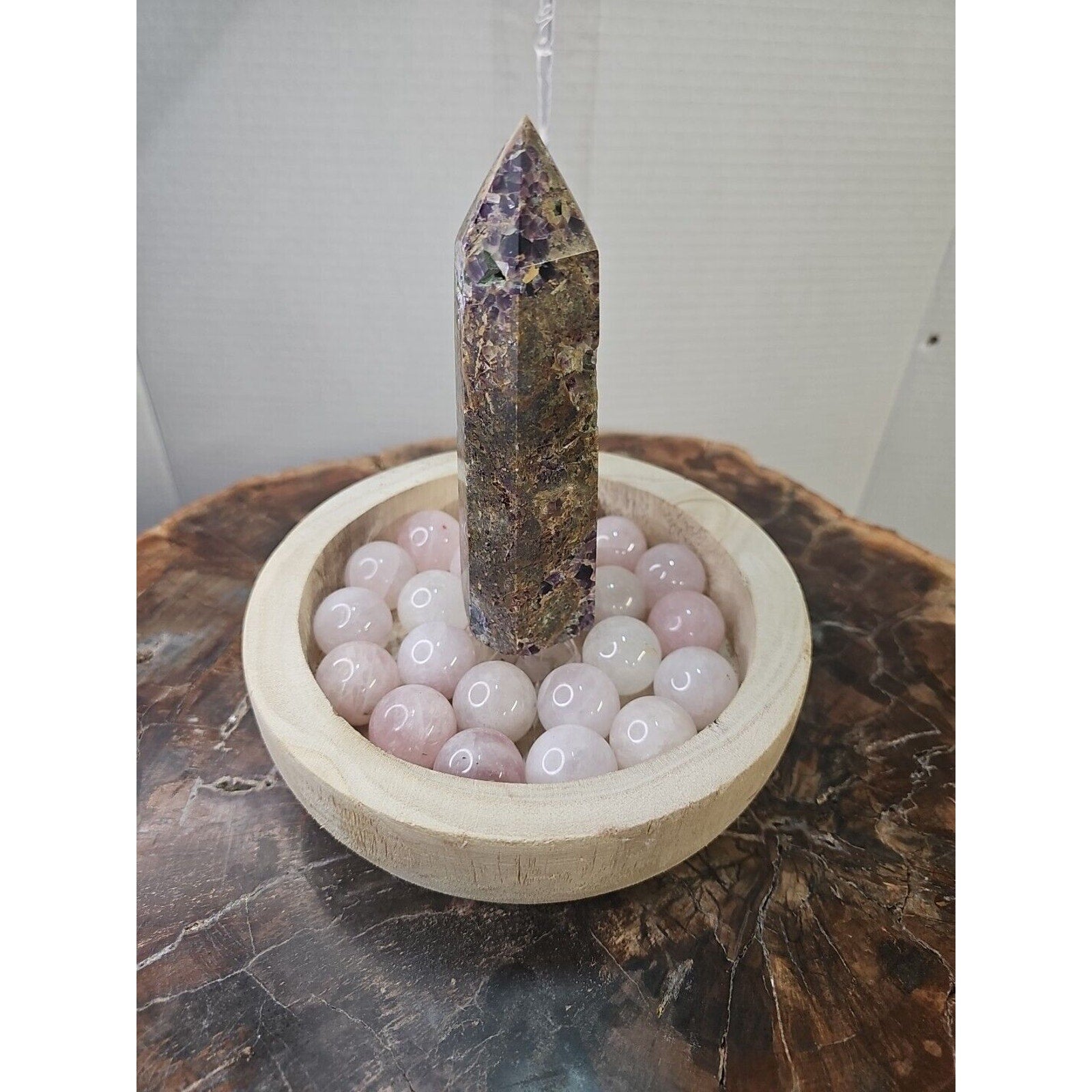 1.90LB 1Pcs Natural Purple Tower & 22 Rose Quartz Crystal Spheres W/wood Bowl