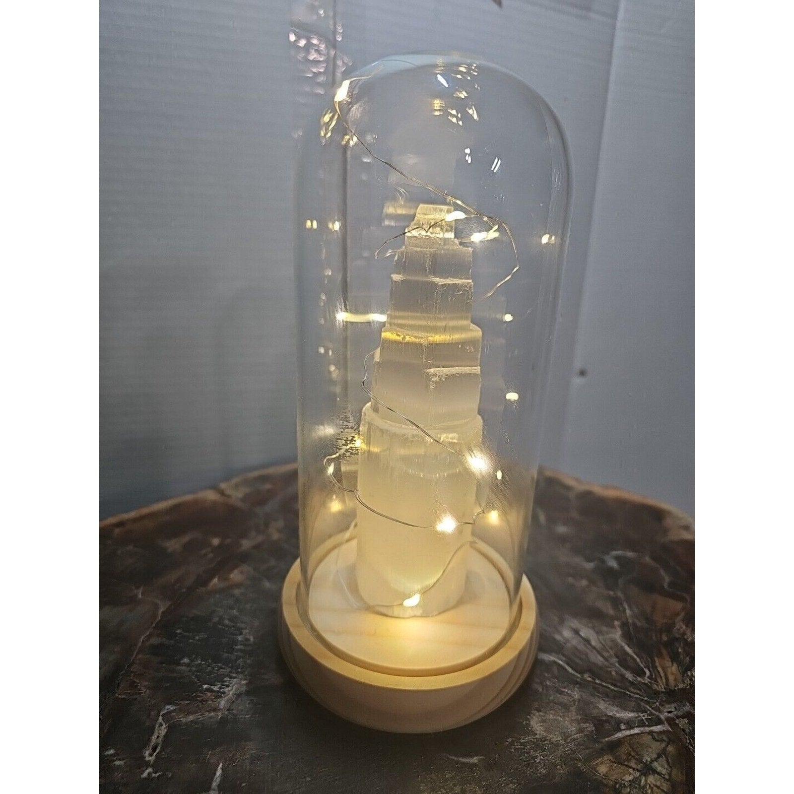 6in 429g Selenite Tower In Case W/led Lights