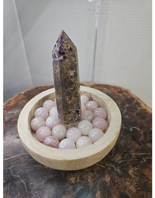 Load image into Gallery viewer, 1.90LB 1Pcs Natural Purple Tower &amp; 22 Rose Quartz Crystal Spheres W/wood Bowl
