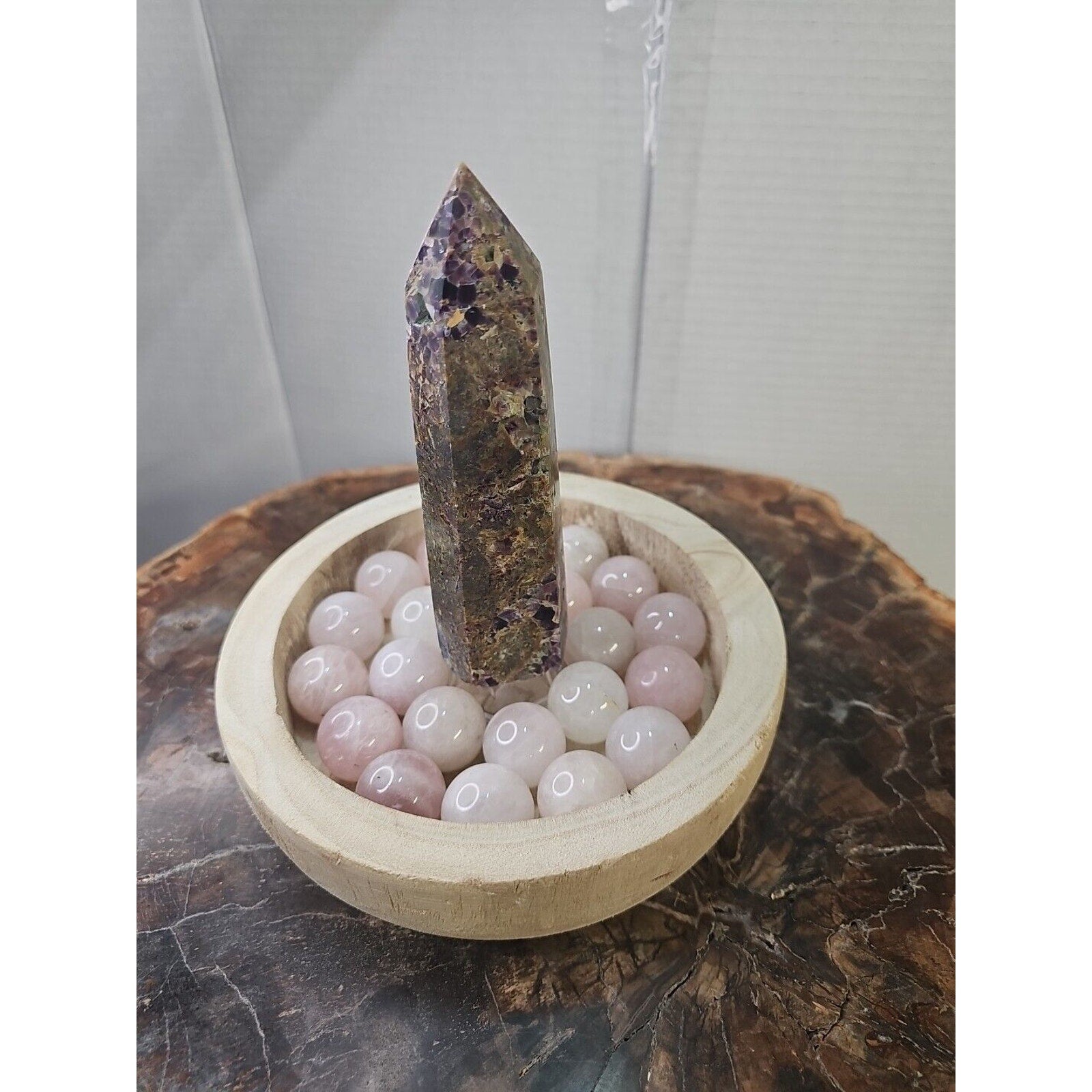 1.90LB 1Pcs Natural Purple Tower & 22 Rose Quartz Crystal Spheres W/wood Bowl