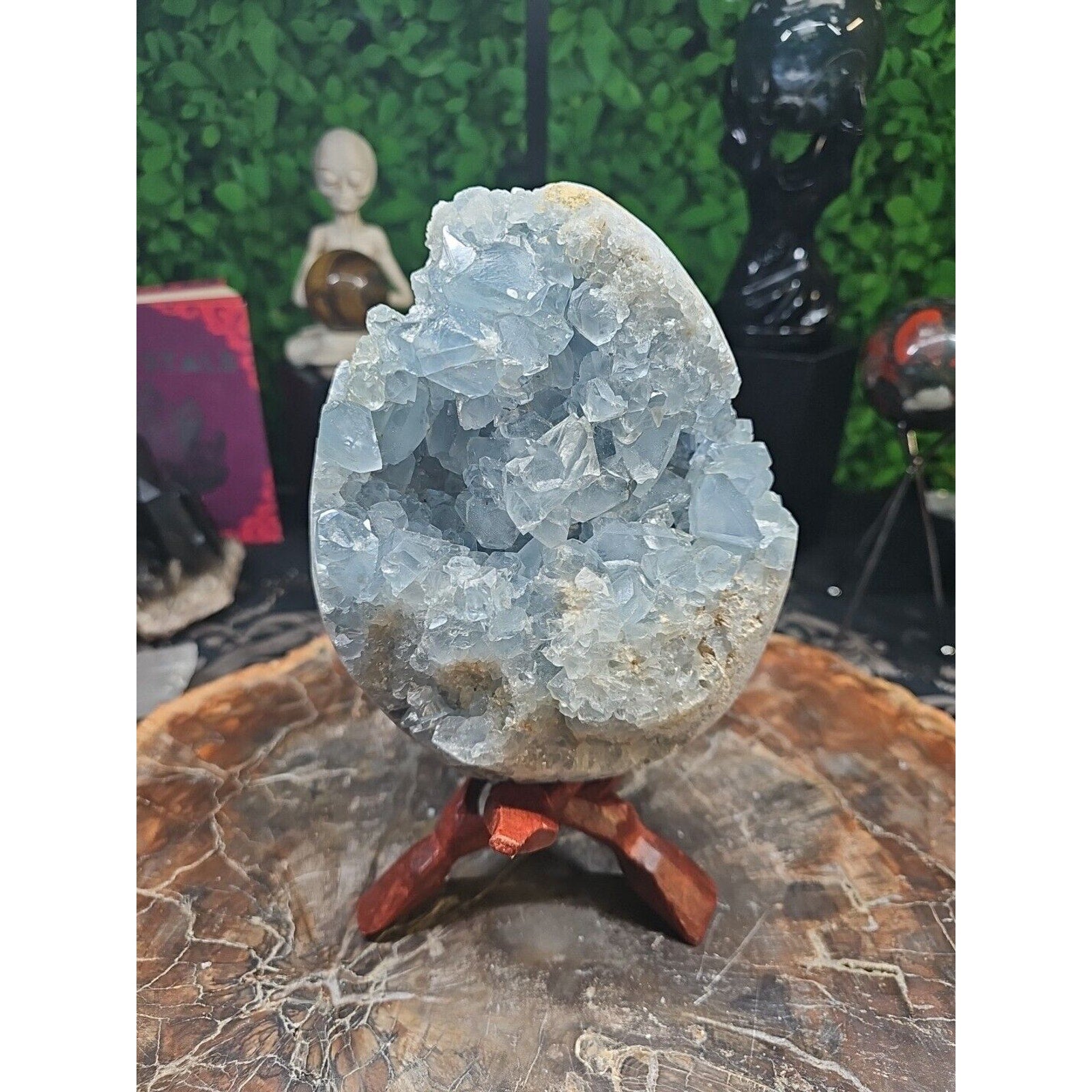 10.45LB Natural Beautiful Blue Celestite Crystal Geode W/ Stand