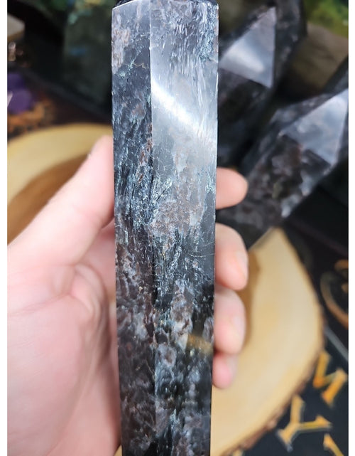 Load image into Gallery viewer, 1ea Arfvedsonite Garnet Blue Flashes Crystal Point Tower Polished 1.5- 1.90lbs
