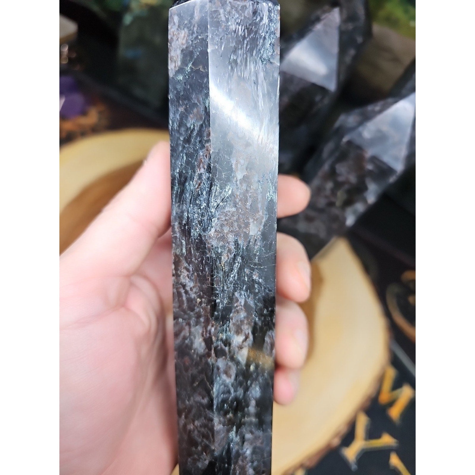 1ea Arfvedsonite Garnet Blue Flashes Crystal Point Tower Polished 1.5- 1.90lbs