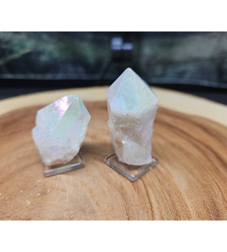 2 Titanium Aura Quartz Crystal Points On Glass Stands 121grams