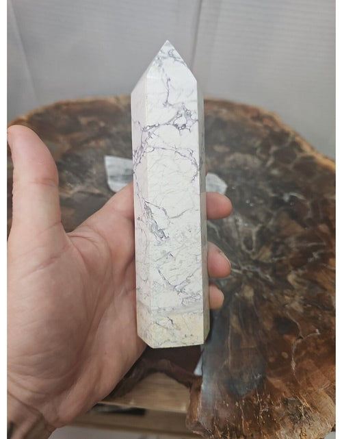 Load image into Gallery viewer, 1 Natural White Howlite Crystal Tower Obelisk Polished W/Selenite Base
