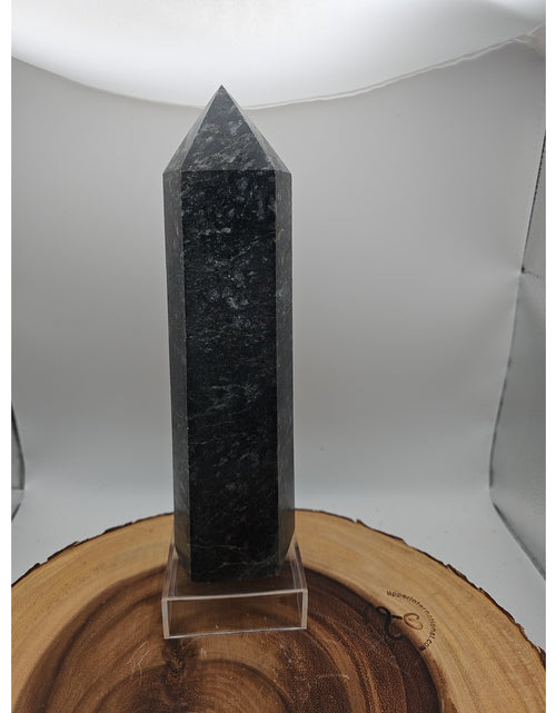 Load image into Gallery viewer, 4.3lb Arfvedsonite Garnet Blue Flashes Crystal Point Tower Polished
