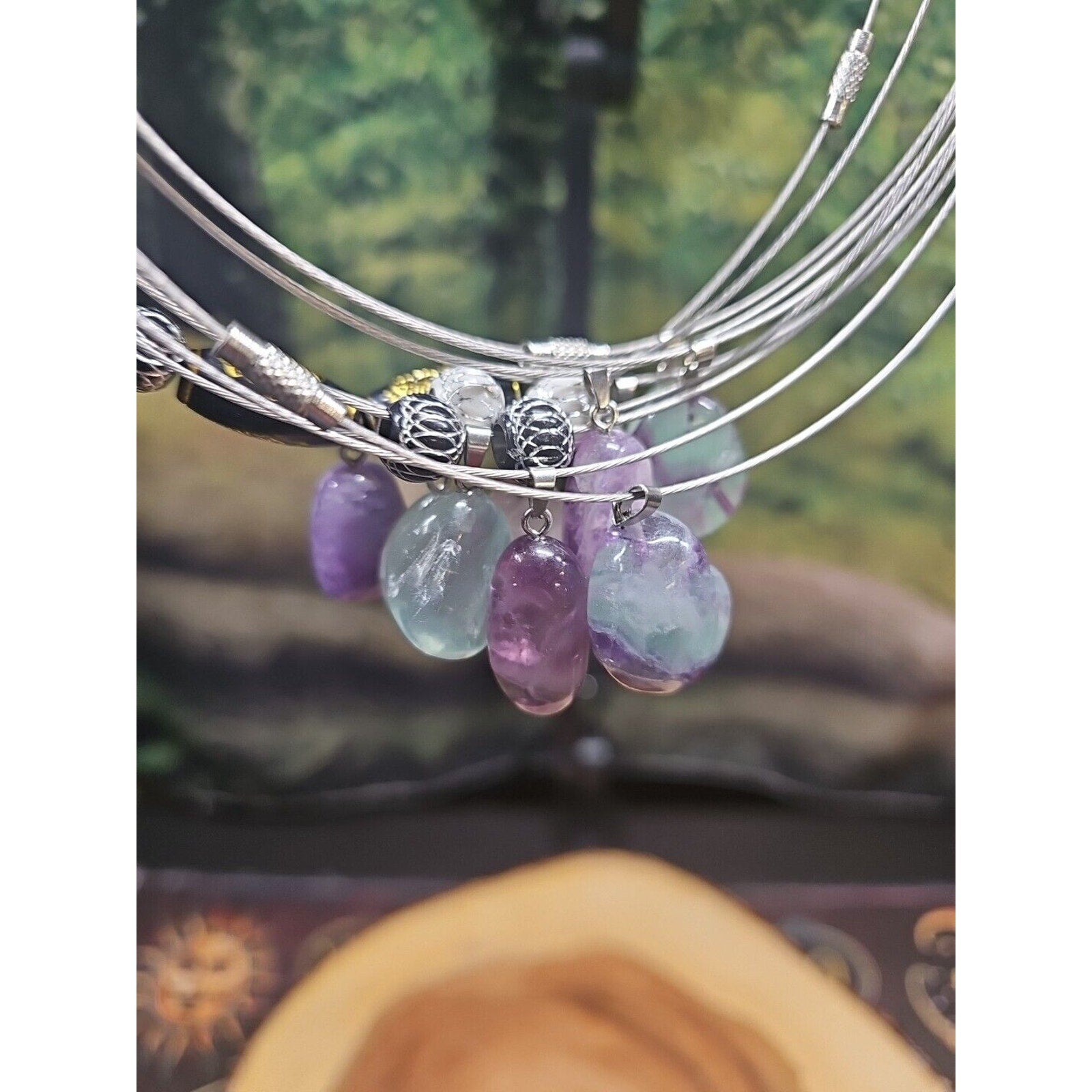 Natural stone 16in pendant necklace, stainless steel 10pc Wholesale lot