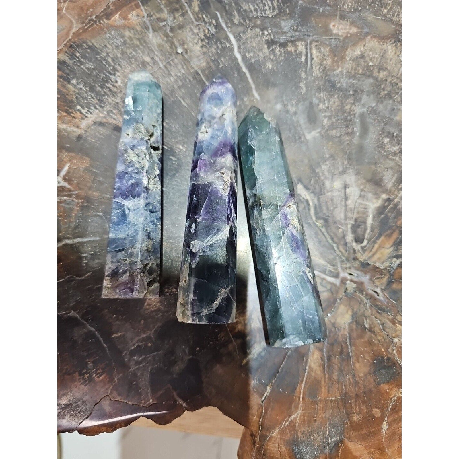 440g 3pcs Natural Rainbow Fluorite Quartz Crystal Point Tower Polished Healing