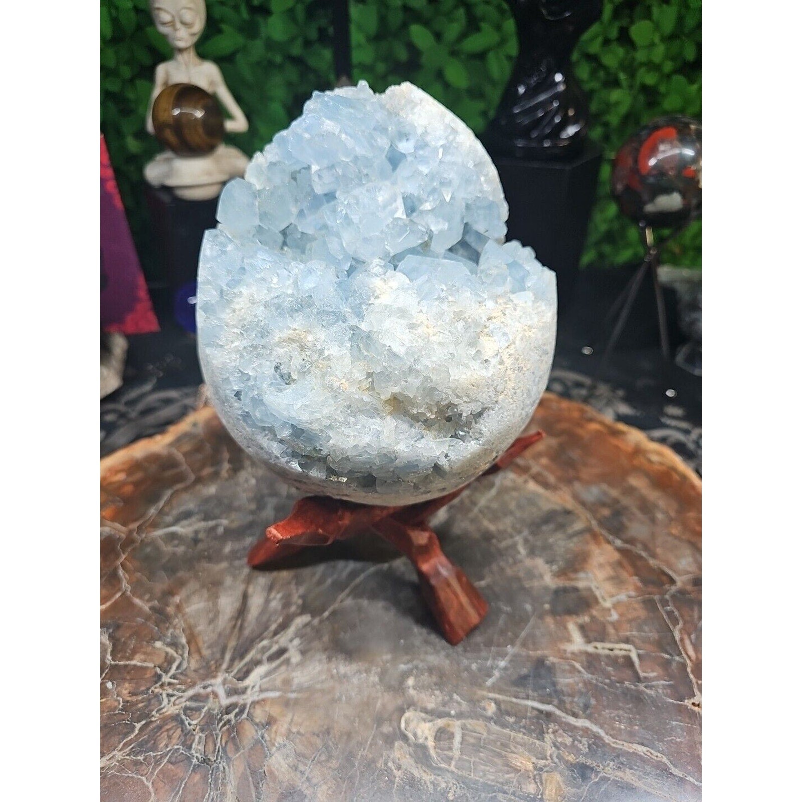 10.45LB Natural Beautiful Blue Celestite Crystal Geode W/ Stand