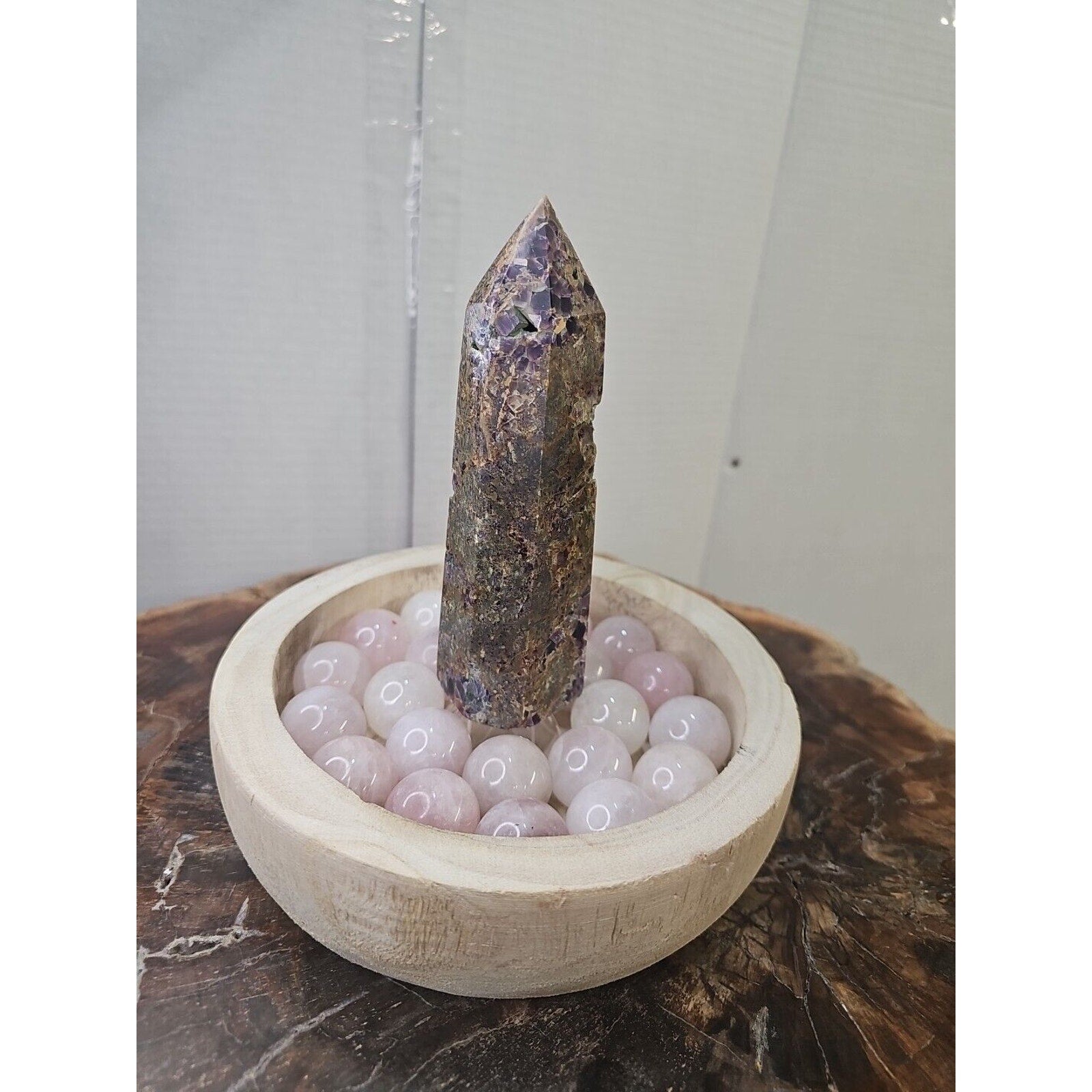1.90LB 1Pcs Natural Purple Tower & 22 Rose Quartz Crystal Spheres W/wood Bowl