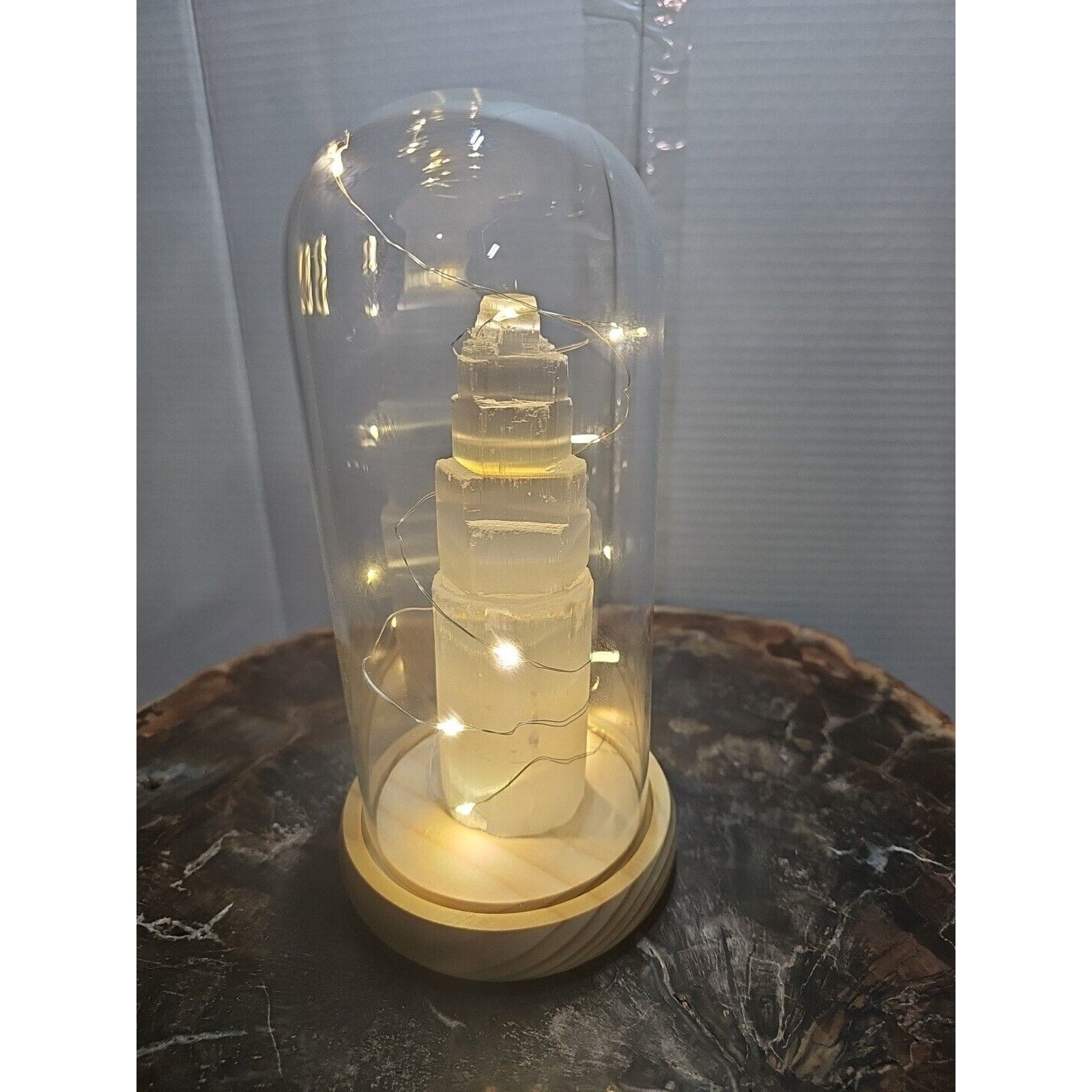 6in 429g Selenite Tower In Case W/led Lights