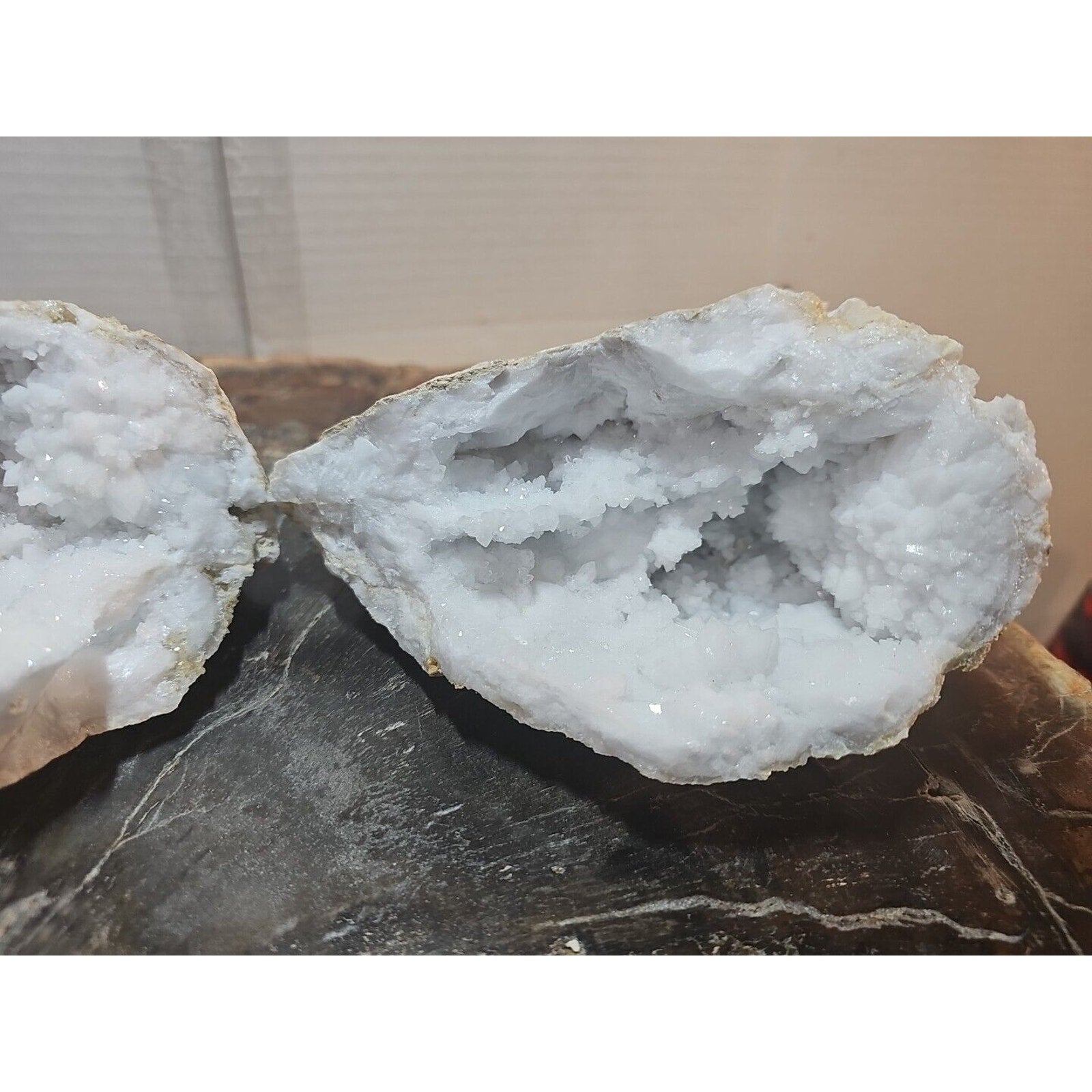 3.88lbs Large Pair Geode Crystal Moroccan Quartz W /Stand