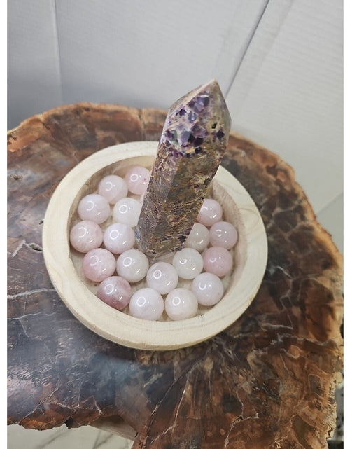 Load image into Gallery viewer, 1.90LB 1Pcs Natural Purple Tower &amp; 22 Rose Quartz Crystal Spheres W/wood Bowl
